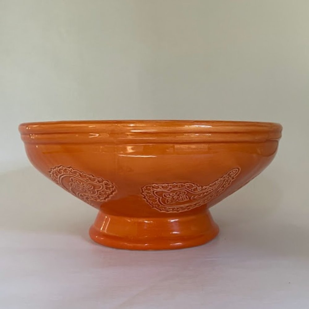 Large Orange Paisley Ceramic Footed Fruit Bowl by New Creative, Hand-Glazed